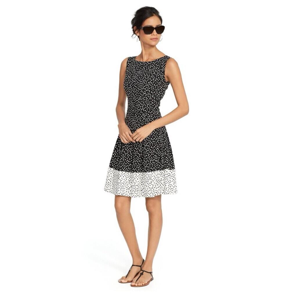 Lauren Ralph Lauren Polka Dot Fit Flare Dress Black White, Size 16